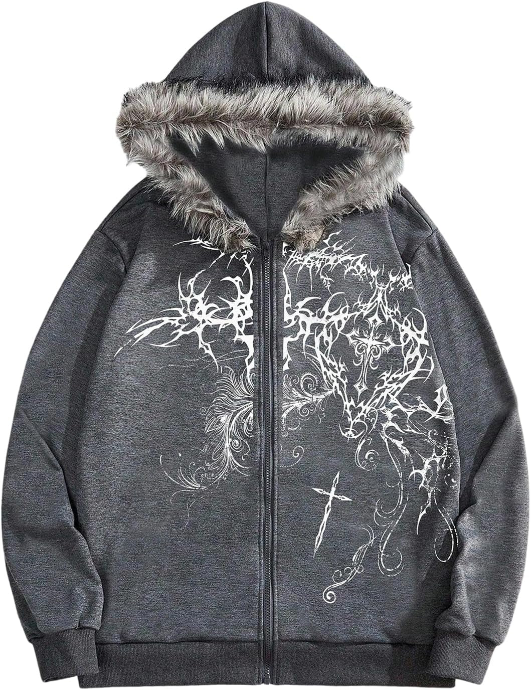 SOLY HUX Men'S Y2K Grunge Zip up Hoodie Sweatshirts Gothic Fur Hooded Jacket Streetwear