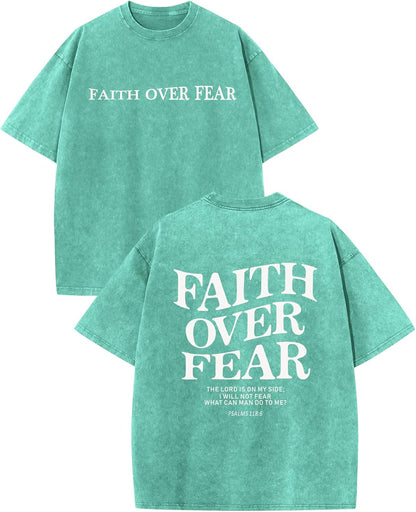 Christian Faith over Fear Shirt for Men Jesus Religious Shirts Oversized Graphic Tees Acid Wash God T-Shirt