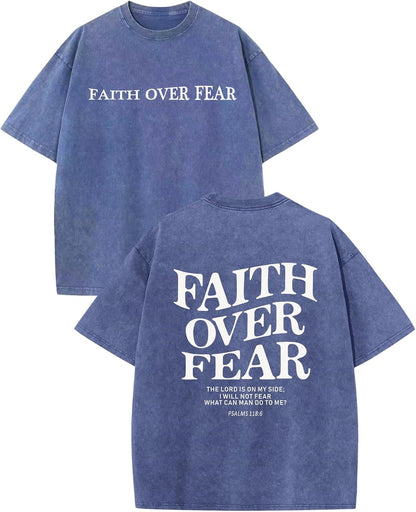 Christian Faith over Fear Shirt for Men Jesus Religious Shirts Oversized Graphic Tees Acid Wash God T-Shirt