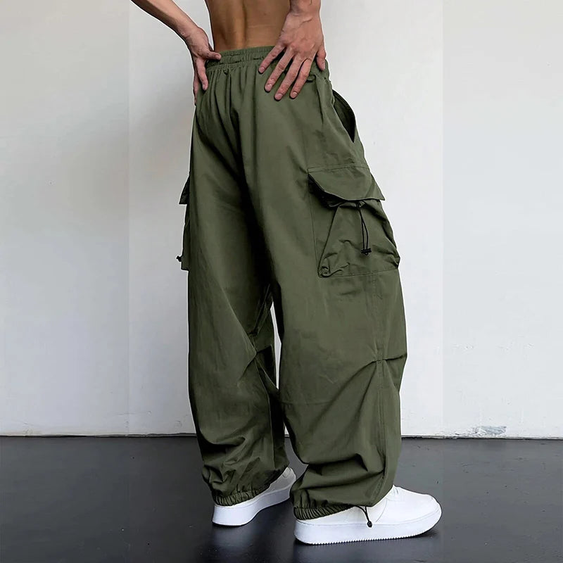 Men'S Casual Cargo Pants Fashion Streetwear Classic Man Straight Wide-Leg Pants Drawstring Workwear Trendy Loose Cargo Trousers