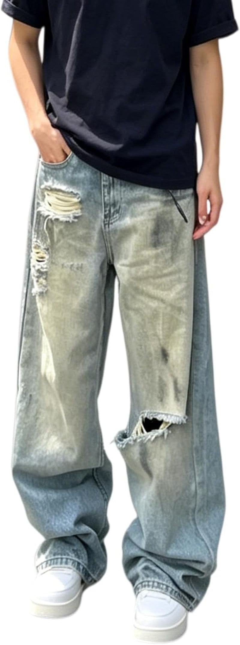 Unisex Y2K Distressed Baggy Wide Leg Jeans for Men Women - Vintage Washed Ripped Denim Streetwear Pants