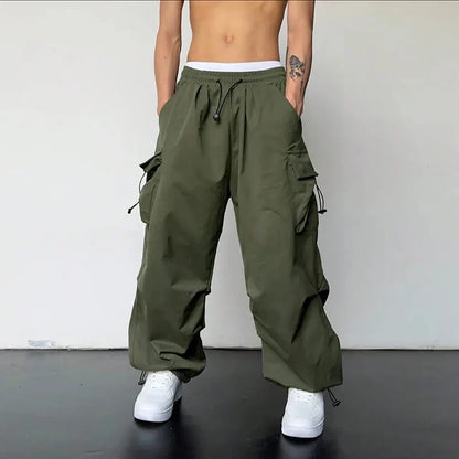 Men'S Casual Cargo Pants Fashion Streetwear Classic Man Straight Wide-Leg Pants Drawstring Workwear Trendy Loose Cargo Trousers