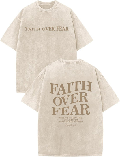 Christian Faith over Fear Shirt for Men Jesus Religious Shirts Oversized Graphic Tees Acid Wash God T-Shirt