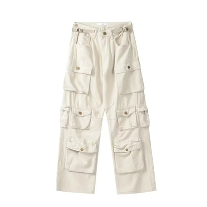 Men'S Harajuku Style Loose Casual Cargo Pants Multi-Pocket Straight Mopping Overalls 10 Pockets New Rice White