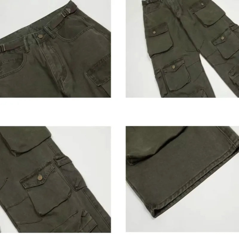 Men'S Harajuku Style Loose Casual Cargo Pants Multi-Pocket Straight Mopping Overalls 10 Pockets New Rice White