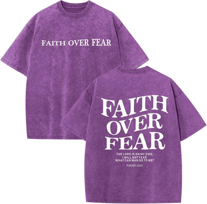 Christian Faith over Fear Shirt for Men Jesus Religious Shirts Oversized Graphic Tees Acid Wash God T-Shirt