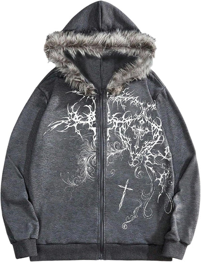 SOLY HUX Men'S Y2K Grunge Zip up Hoodie Sweatshirts Gothic Fur Hooded Jacket Streetwear