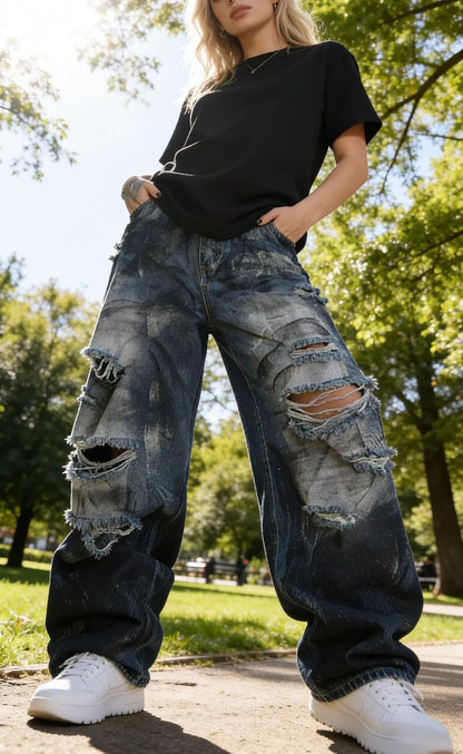 Unisex Y2K Distressed Baggy Wide Leg Jeans for Men Women - Vintage Washed Ripped Denim Streetwear Pants