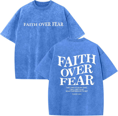 Christian Faith over Fear Shirt for Men Jesus Religious Shirts Oversized Graphic Tees Acid Wash God T-Shirt