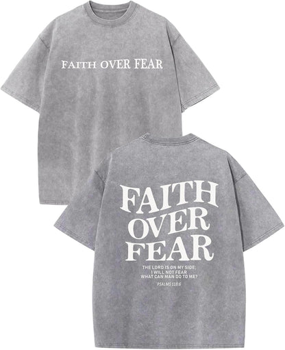 Christian Faith over Fear Shirt for Men Jesus Religious Shirts Oversized Graphic Tees Acid Wash God T-Shirt