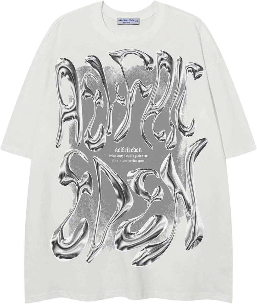 Aelfric Eden Metalic Graphic Tees Men Y2K Oversized T Shirts Women Vintage Tees Unisex Summer Tops