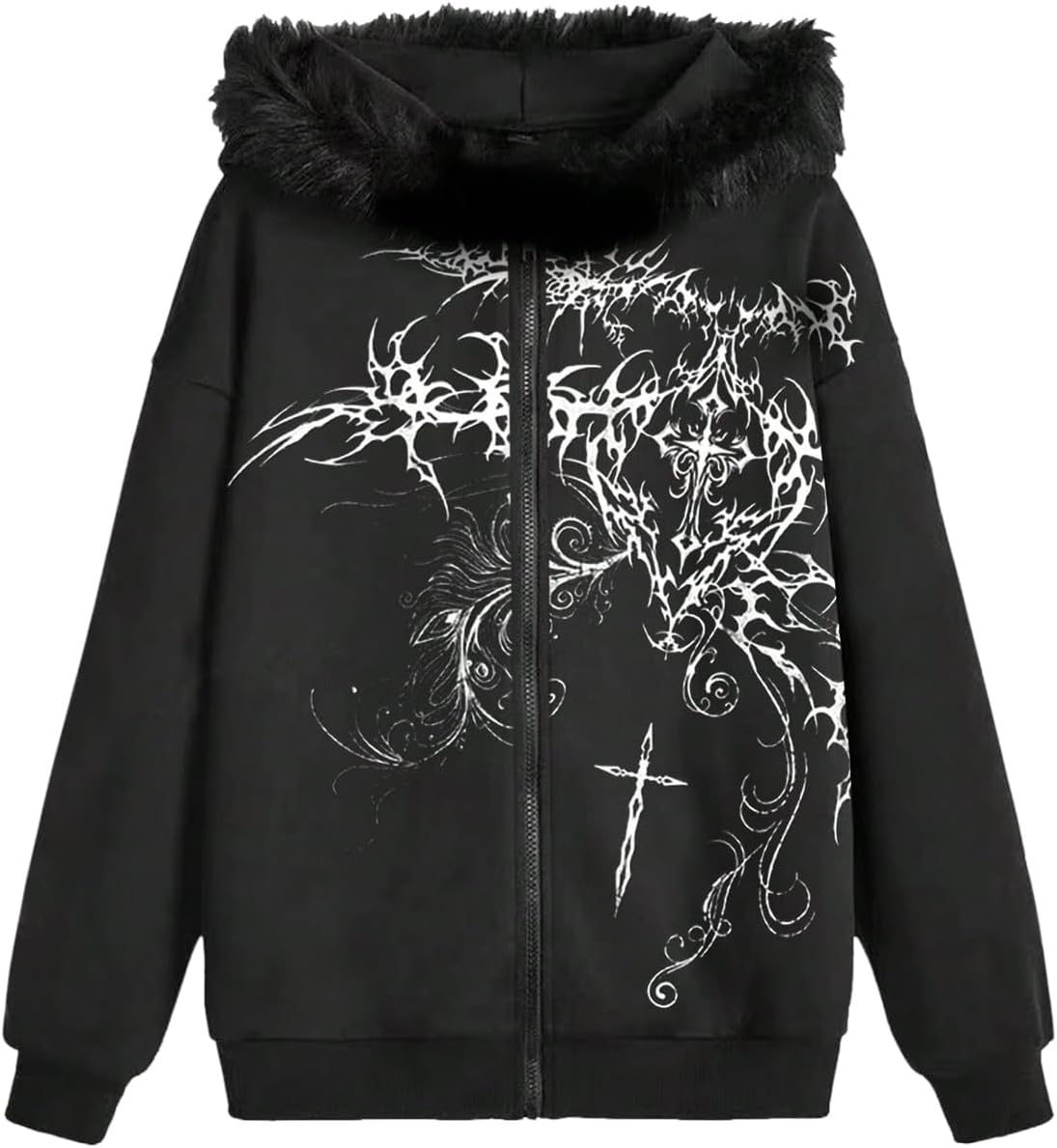 SOLY HUX Men'S Y2K Grunge Zip up Hoodie Sweatshirts Gothic Fur Hooded Jacket Streetwear