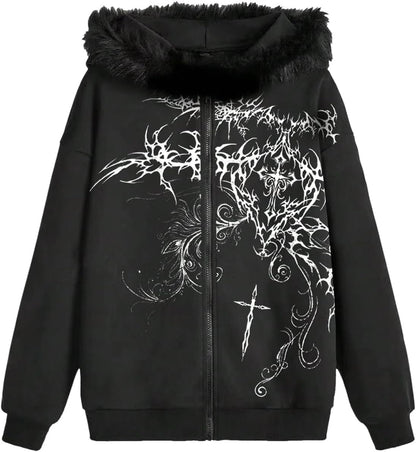 SOLY HUX Men'S Y2K Grunge Zip up Hoodie Sweatshirts Gothic Fur Hooded Jacket Streetwear