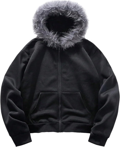 SOLY HUX Men'S Y2K Grunge Zip up Hoodie Sweatshirts Gothic Fur Hooded Jacket Streetwear