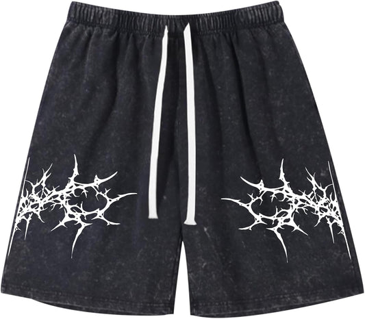 Fkatuzi Graphic Shorts Men Y2K Streetwear Shorts Workout Athletic Running Gym Elastic Waist Vintage Acid Wash Shorts Cotton
