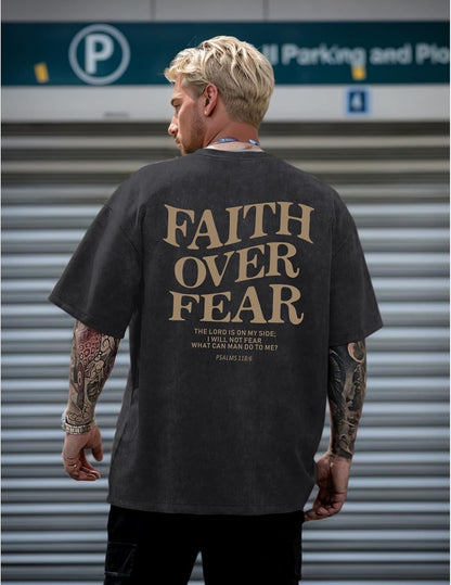 Christian Faith over Fear Shirt for Men Jesus Religious Shirts Oversized Graphic Tees Acid Wash God T-Shirt