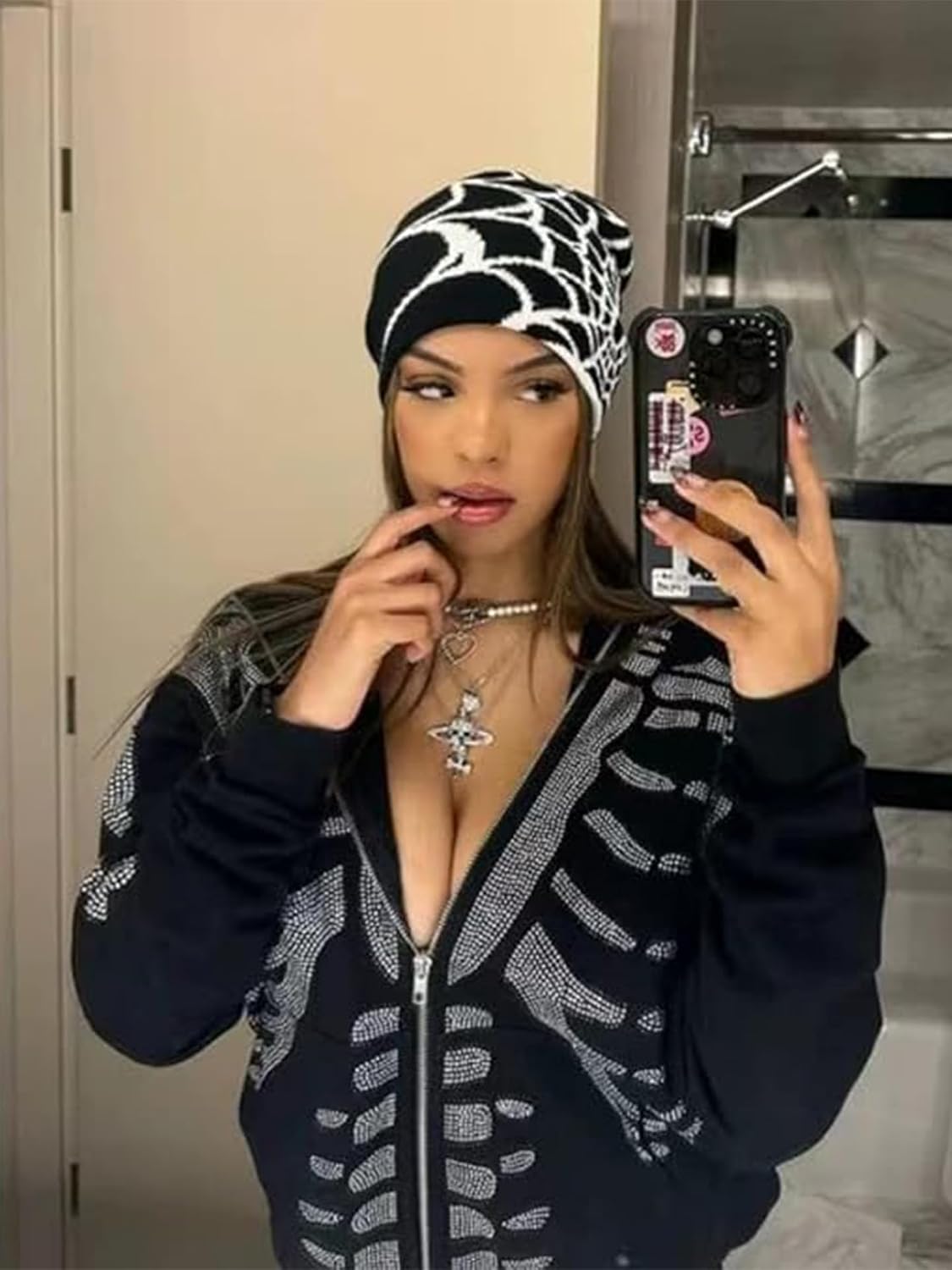 Y2K Beanie Spider Web Beanie Gothic Graphic Beanies Outdoor Winter Warm Knitted Hat for Men Women