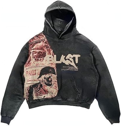 Obenie Retro Y2K Hoodie Gothic Casual Alphabet Blast Print Pattern Skull Fashion Hoodie Men Harajuku Men Clothing