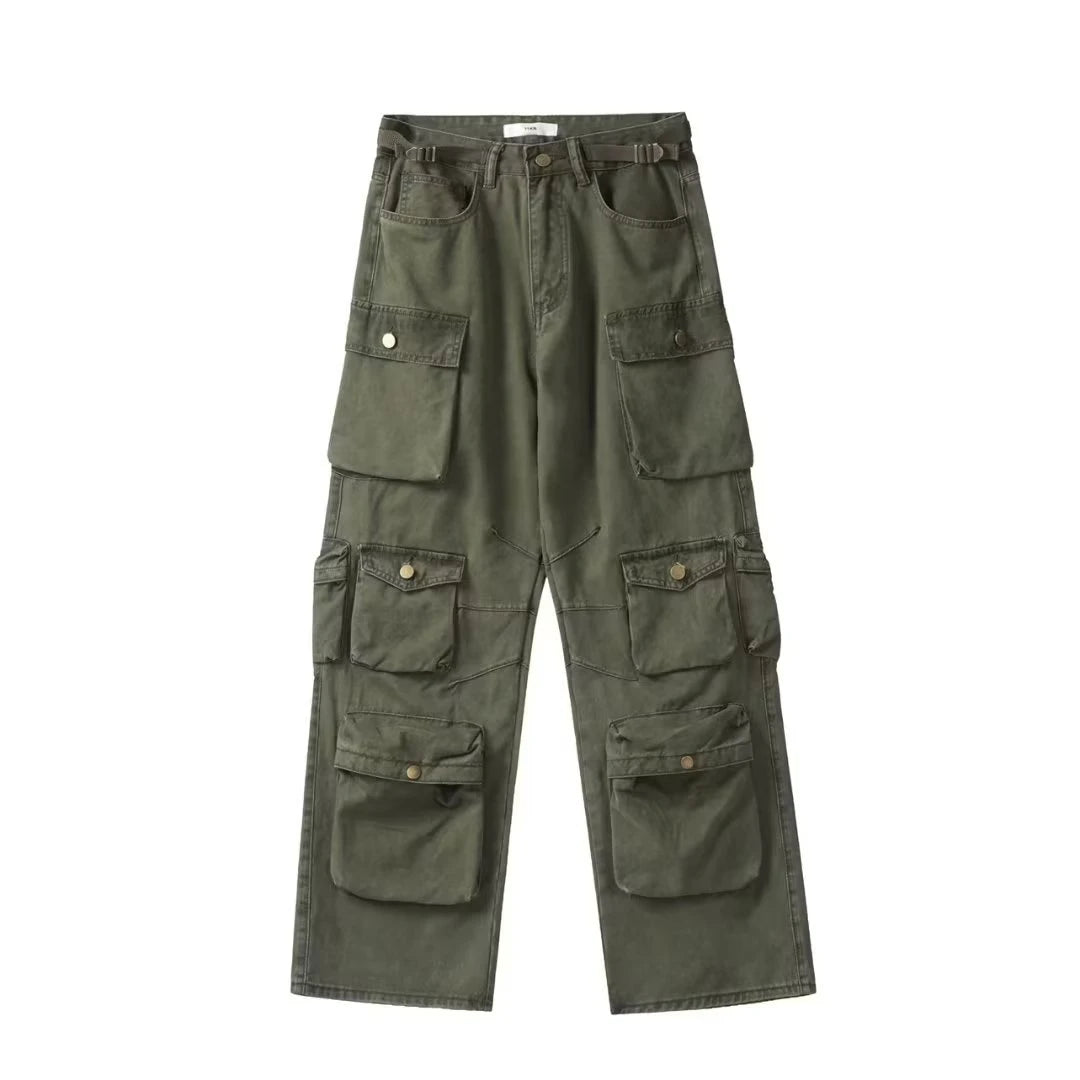 Men'S Harajuku Style Loose Casual Cargo Pants Multi-Pocket Straight Mopping Overalls 10 Pockets New Rice White