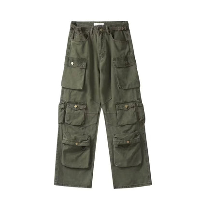 Men'S Harajuku Style Loose Casual Cargo Pants Multi-Pocket Straight Mopping Overalls 10 Pockets New Rice White