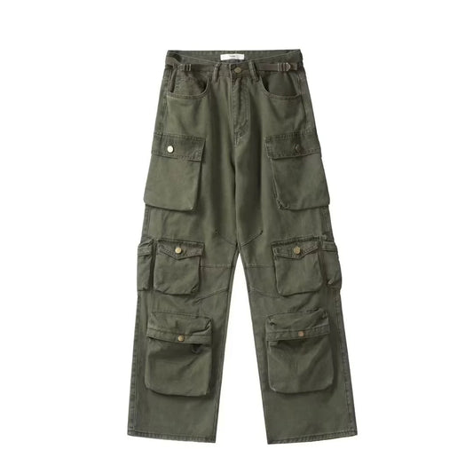 Men'S Harajuku Style Loose Casual Cargo Pants Multi-Pocket Straight Mopping Overalls 10 Pockets New Rice White