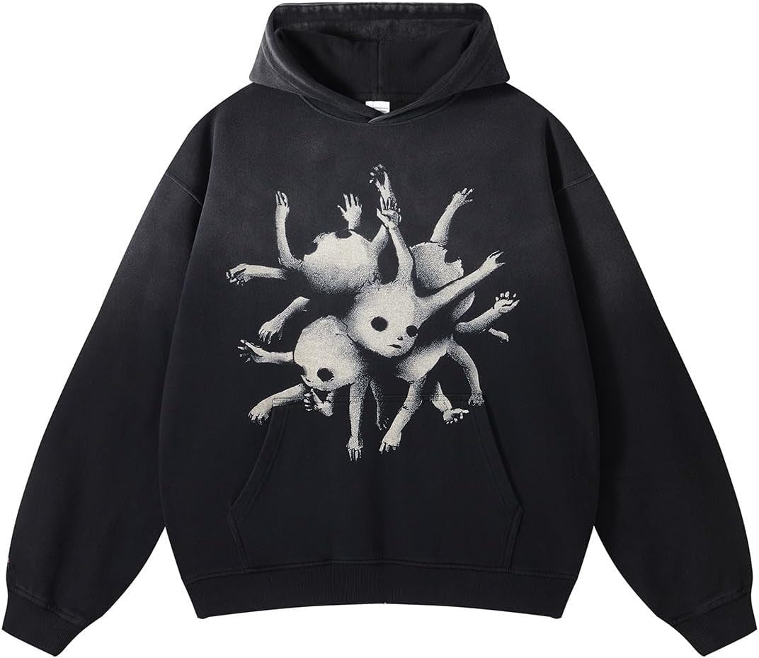 Obenie Retro Y2K Hoodie Gothic Casual Alphabet Blast Print Pattern Skull Fashion Hoodie Men Harajuku Men Clothing