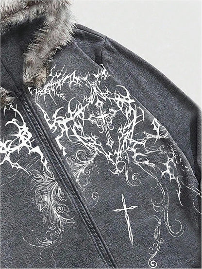 SOLY HUX Men'S Y2K Grunge Zip up Hoodie Sweatshirts Gothic Fur Hooded Jacket Streetwear