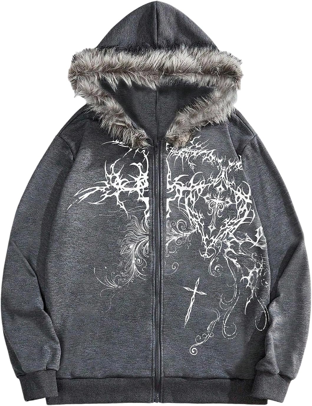 SOLY HUX Men'S Y2K Grunge Zip up Hoodie Sweatshirts Gothic Fur Hooded Jacket Streetwear