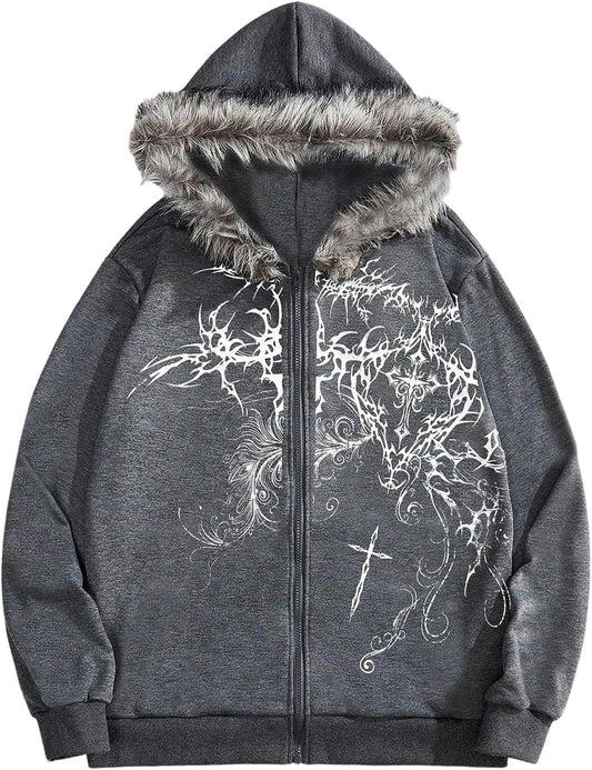 SOLY HUX Men'S Y2K Grunge Zip up Hoodie Sweatshirts Gothic Fur Hooded Jacket Streetwear