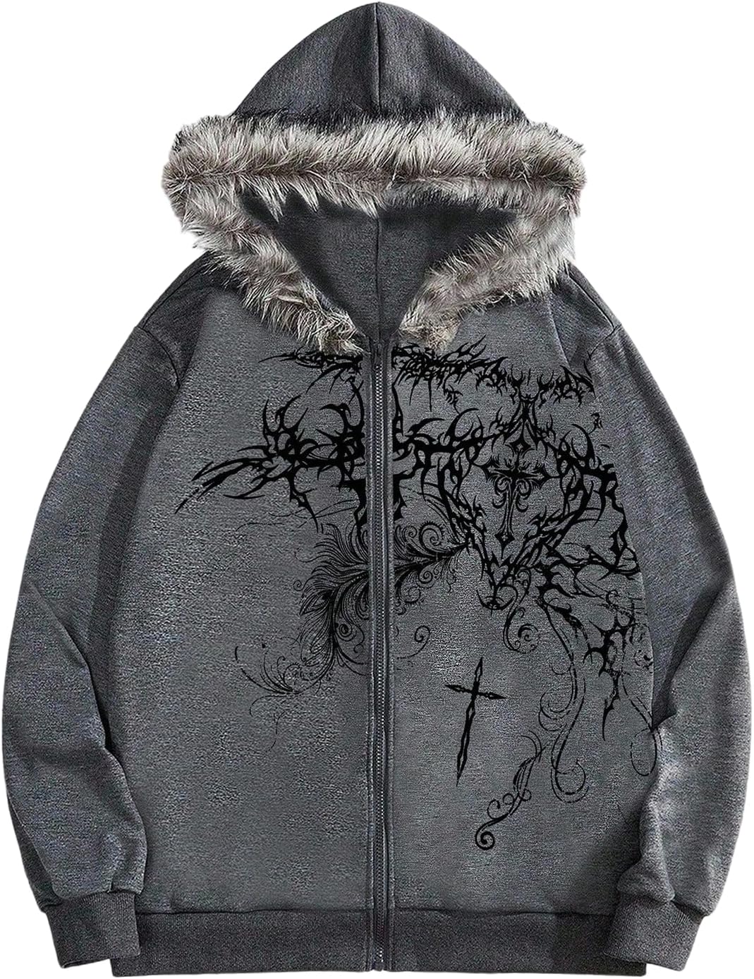 SOLY HUX Men'S Y2K Grunge Zip up Hoodie Sweatshirts Gothic Fur Hooded Jacket Streetwear