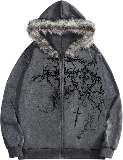 SOLY HUX Men'S Y2K Grunge Zip up Hoodie Sweatshirts Gothic Fur Hooded Jacket Streetwear