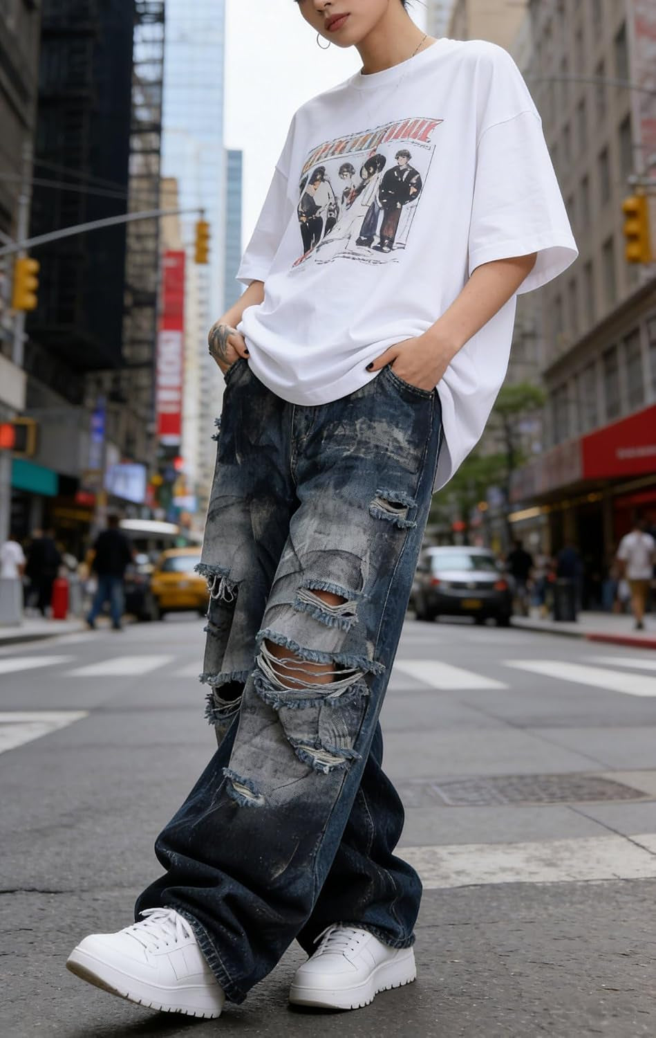 Unisex Y2K Distressed Baggy Wide Leg Jeans for Men Women - Vintage Washed Ripped Denim Streetwear Pants