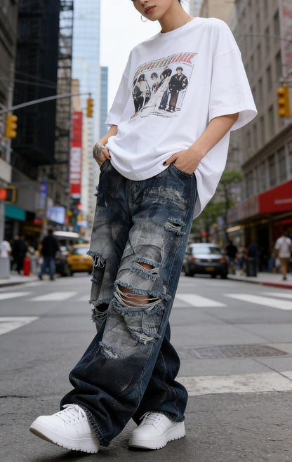 Unisex Y2K Distressed Baggy Wide Leg Jeans for Men Women - Vintage Washed Ripped Denim Streetwear Pants