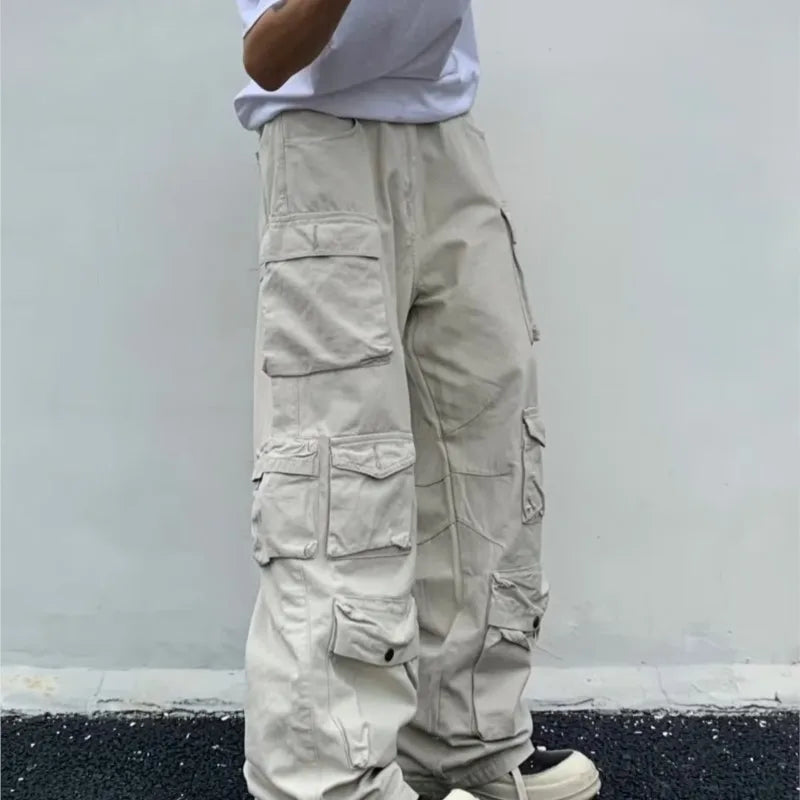 Men'S Harajuku Style Loose Casual Cargo Pants Multi-Pocket Straight Mopping Overalls 10 Pockets New Rice White
