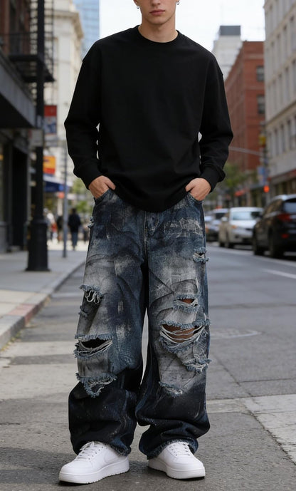 Unisex Y2K Distressed Baggy Wide Leg Jeans for Men Women - Vintage Washed Ripped Denim Streetwear Pants