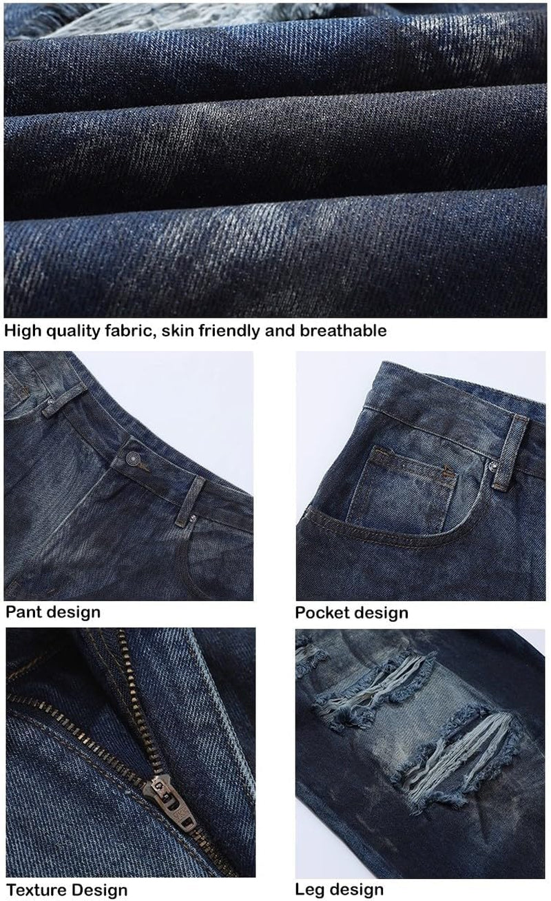 Unisex Y2K Distressed Baggy Wide Leg Jeans for Men Women - Vintage Washed Ripped Denim Streetwear Pants