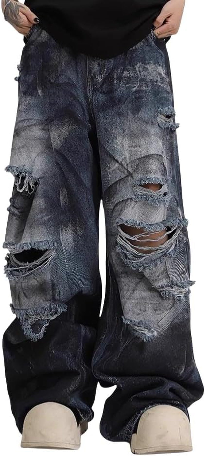 Unisex Y2K Distressed Baggy Wide Leg Jeans for Men Women - Vintage Washed Ripped Denim Streetwear Pants
