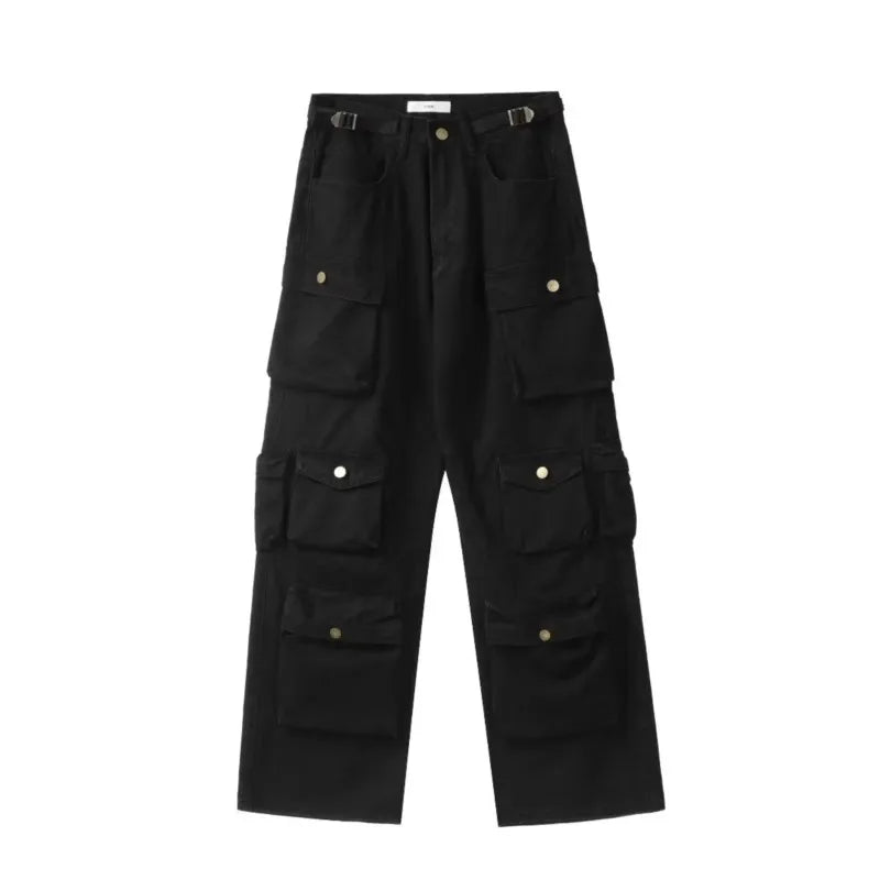 Men'S Harajuku Style Loose Casual Cargo Pants Multi-Pocket Straight Mopping Overalls 10 Pockets New Rice White