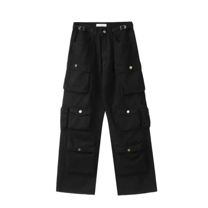 Men'S Harajuku Style Loose Casual Cargo Pants Multi-Pocket Straight Mopping Overalls 10 Pockets New Rice White