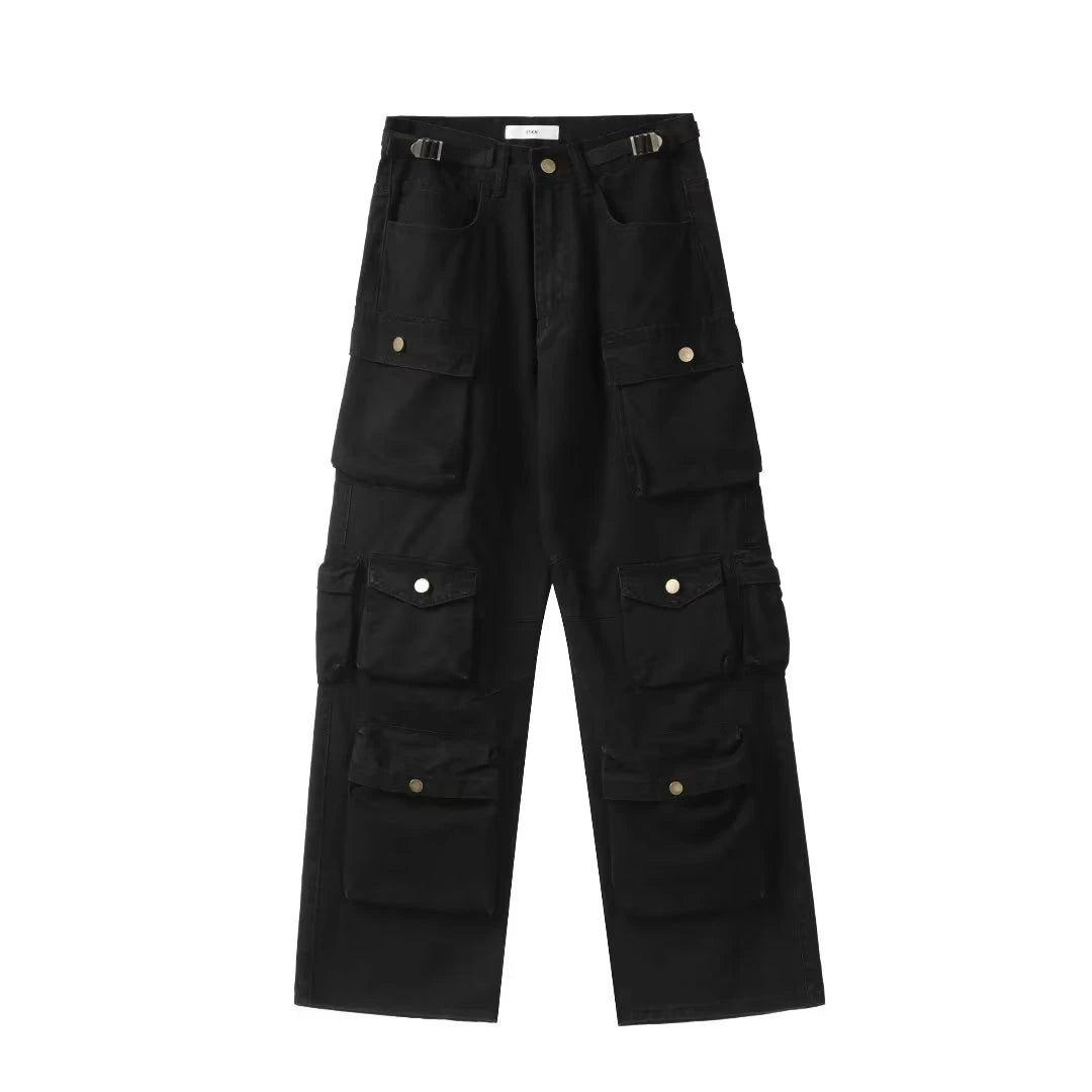 Men'S Harajuku Style Loose Casual Cargo Pants Multi-Pocket Straight Mopping Overalls 10 Pockets New Rice White