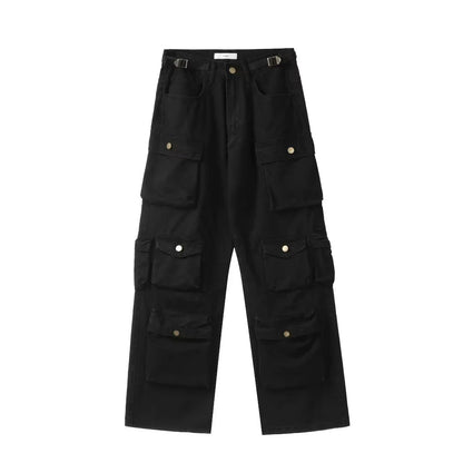 Men'S Harajuku Style Loose Casual Cargo Pants Multi-Pocket Straight Mopping Overalls 10 Pockets New Rice White