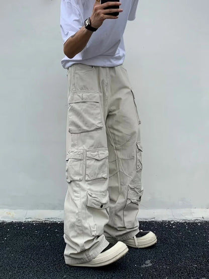 Men'S Harajuku Style Loose Casual Cargo Pants Multi-Pocket Straight Mopping Overalls 10 Pockets New Rice White