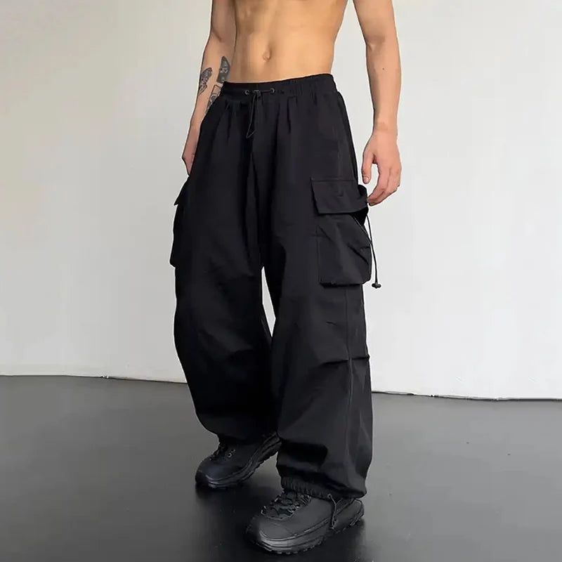 Men'S Casual Cargo Pants Fashion Streetwear Classic Man Straight Wide-Leg Pants Drawstring Workwear Trendy Loose Cargo Trousers