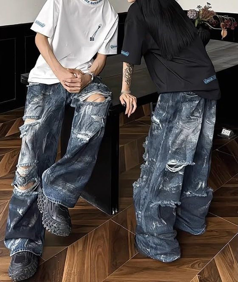 Unisex Y2K Distressed Baggy Wide Leg Jeans for Men Women - Vintage Washed Ripped Denim Streetwear Pants