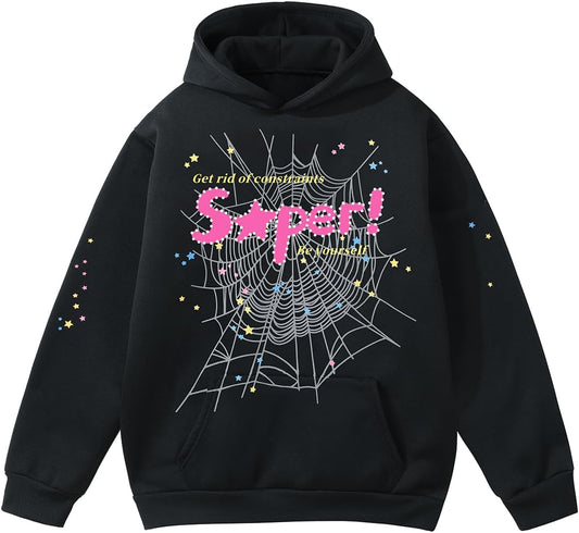 EMILYLE Y2K Spider Hoodie Cobweb Pattern Print Unisex Sweatshirt Men Women Graphic Outwear