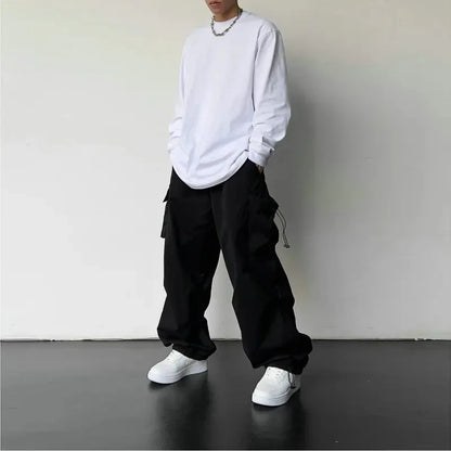 Men'S Casual Cargo Pants Fashion Streetwear Classic Man Straight Wide-Leg Pants Drawstring Workwear Trendy Loose Cargo Trousers