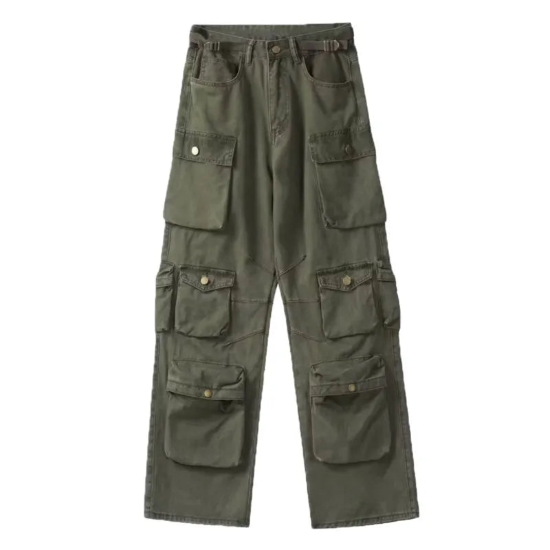 Men'S Harajuku Style Loose Casual Cargo Pants Multi-Pocket Straight Mopping Overalls 10 Pockets New Rice White