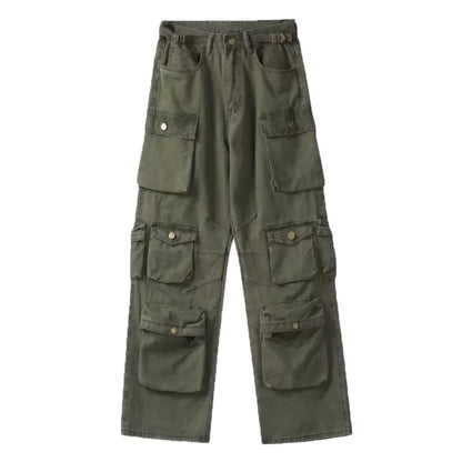 Men'S Harajuku Style Loose Casual Cargo Pants Multi-Pocket Straight Mopping Overalls 10 Pockets New Rice White