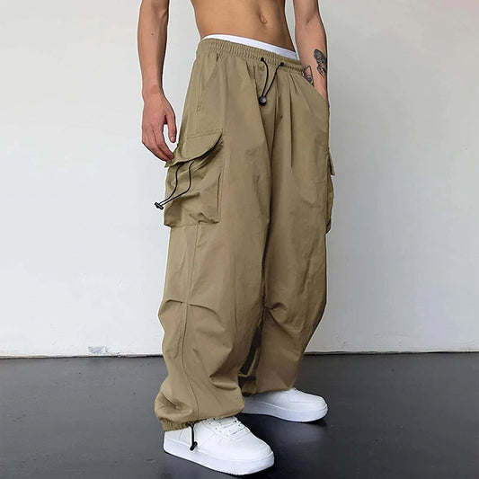Men'S Casual Cargo Pants Fashion Streetwear Classic Man Straight Wide-Leg Pants Drawstring Workwear Trendy Loose Cargo Trousers