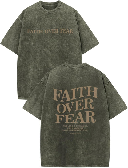 Christian Faith over Fear Shirt for Men Jesus Religious Shirts Oversized Graphic Tees Acid Wash God T-Shirt